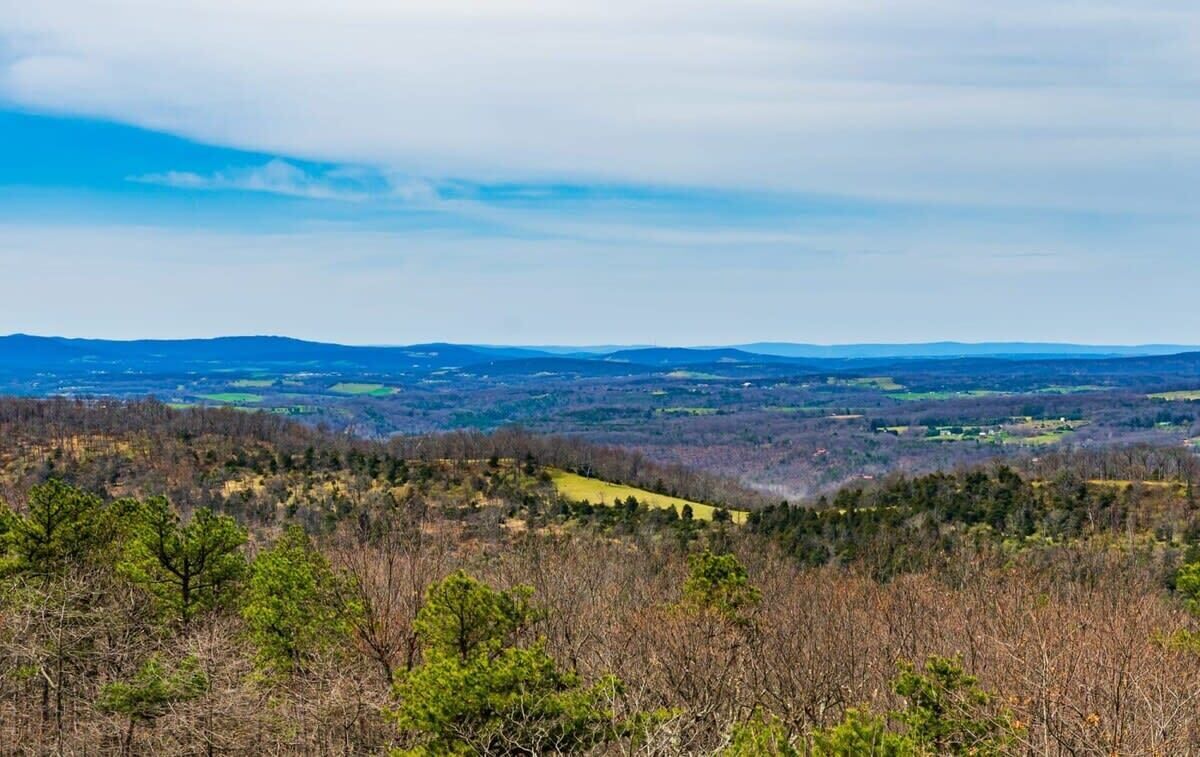A panoramic view of a hilly landscape with scattered trees and distant hills.