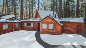 A log cabin with a snow-covered roof, surrounded by tall pine trees.
