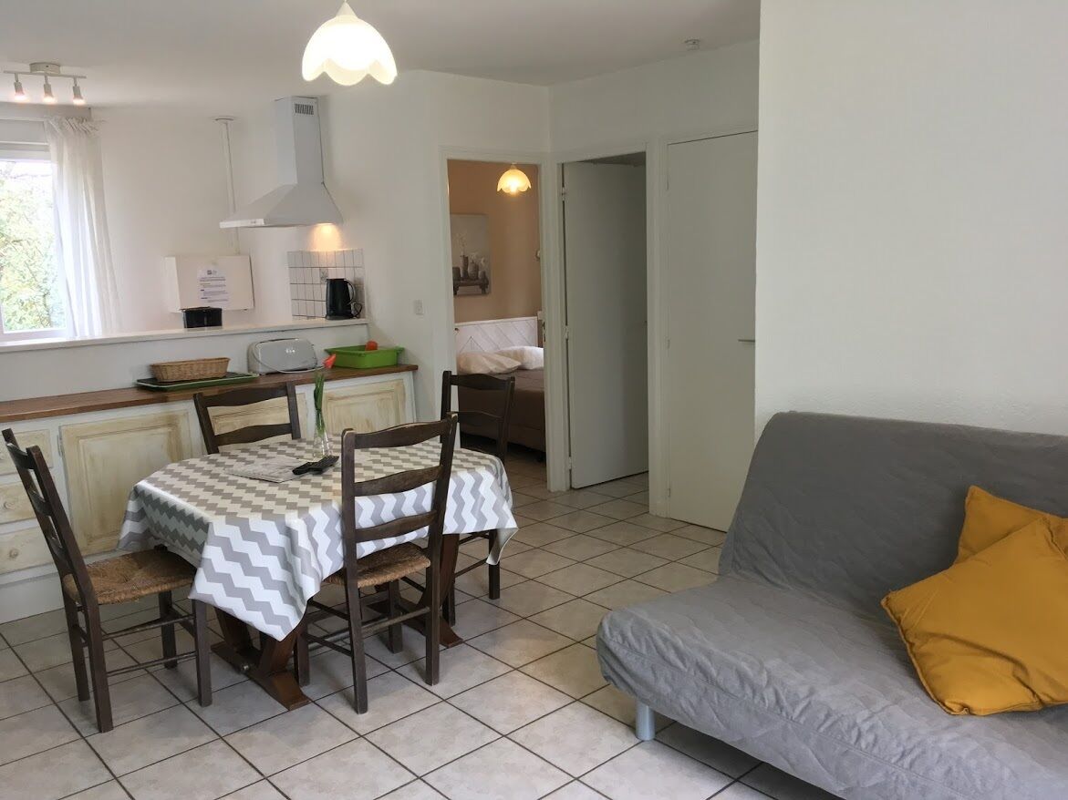 A compact living space with a dining area, a sofa, and a kitchenette.