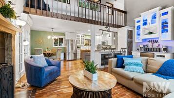 TV, fireplace, books, offices