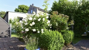 En have med hvide blomster og en blå potte, en bygning med et skråt tag, og en belagt sti.