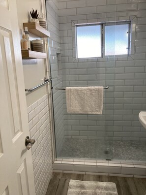 Shower, hair dryer, towels
