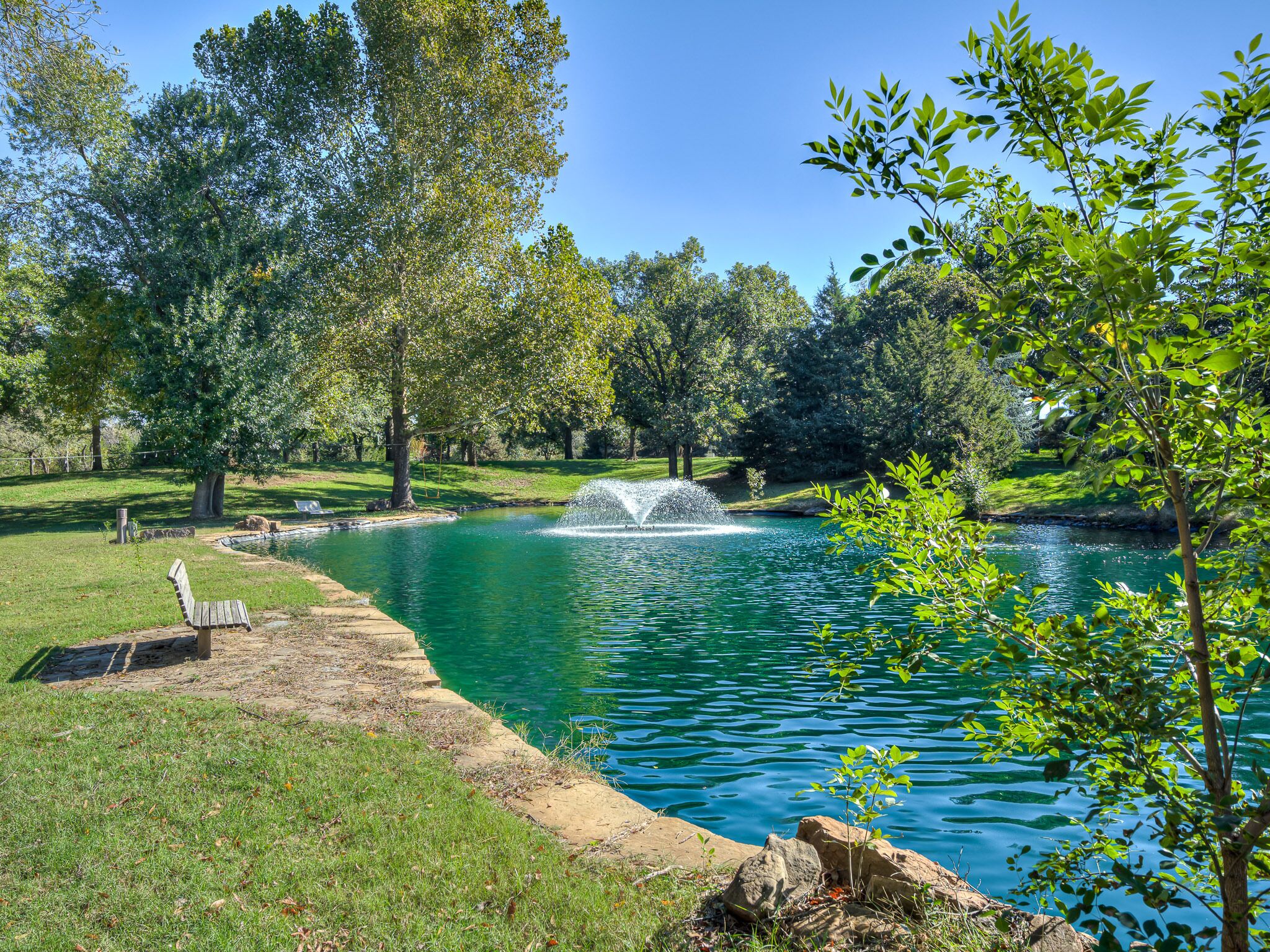 A tranquil pond with a fountain, surrounded by lush greenery and trees.
