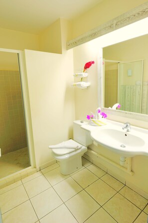 Chambre familiale | Salle de bain | Baignoire et douche séparées, serviettes fournies