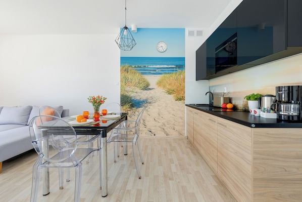 舒适公寓, 1 张大床和 1 张沙发床 | 私人简易厨房 | 冰箱、炉灶、茶具/咖啡用具、电热水壶