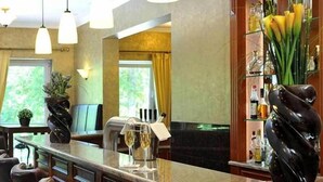 Un espace bar avec un verre à vin et une bouteille, un coin salon avec des chaises, et une vue sur la verdure à l’extérieur.