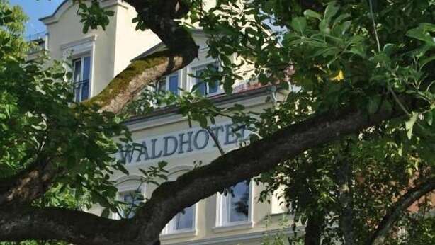 Un hôtel portant l’inscription « WALDHOFEN », entouré d’une végétation luxuriante et d’une pelouse bien entretenue.