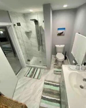 Shower, hair dryer, bidet, towels