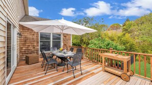 Outdoor dining - Classic-style Hamptons home, heated freshwater pool, fire pit, extensive... (Westhampton)
