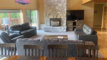 Smart TV, fireplace, books