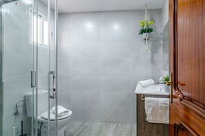 Dusche, Haartrockner, Handtücher, Seife