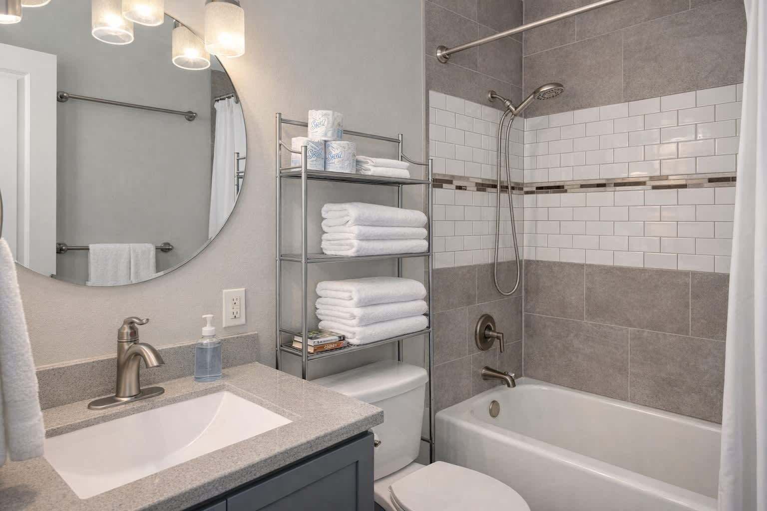 Bathtub, hair dryer, towels