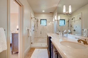 Combined shower/tub, hair dryer, towels, soap