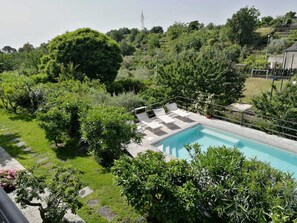 Une piscine rectangulaire, bordée d’une terrasse carrelée et entourée d’une végétation luxuriante et d’arbres.
