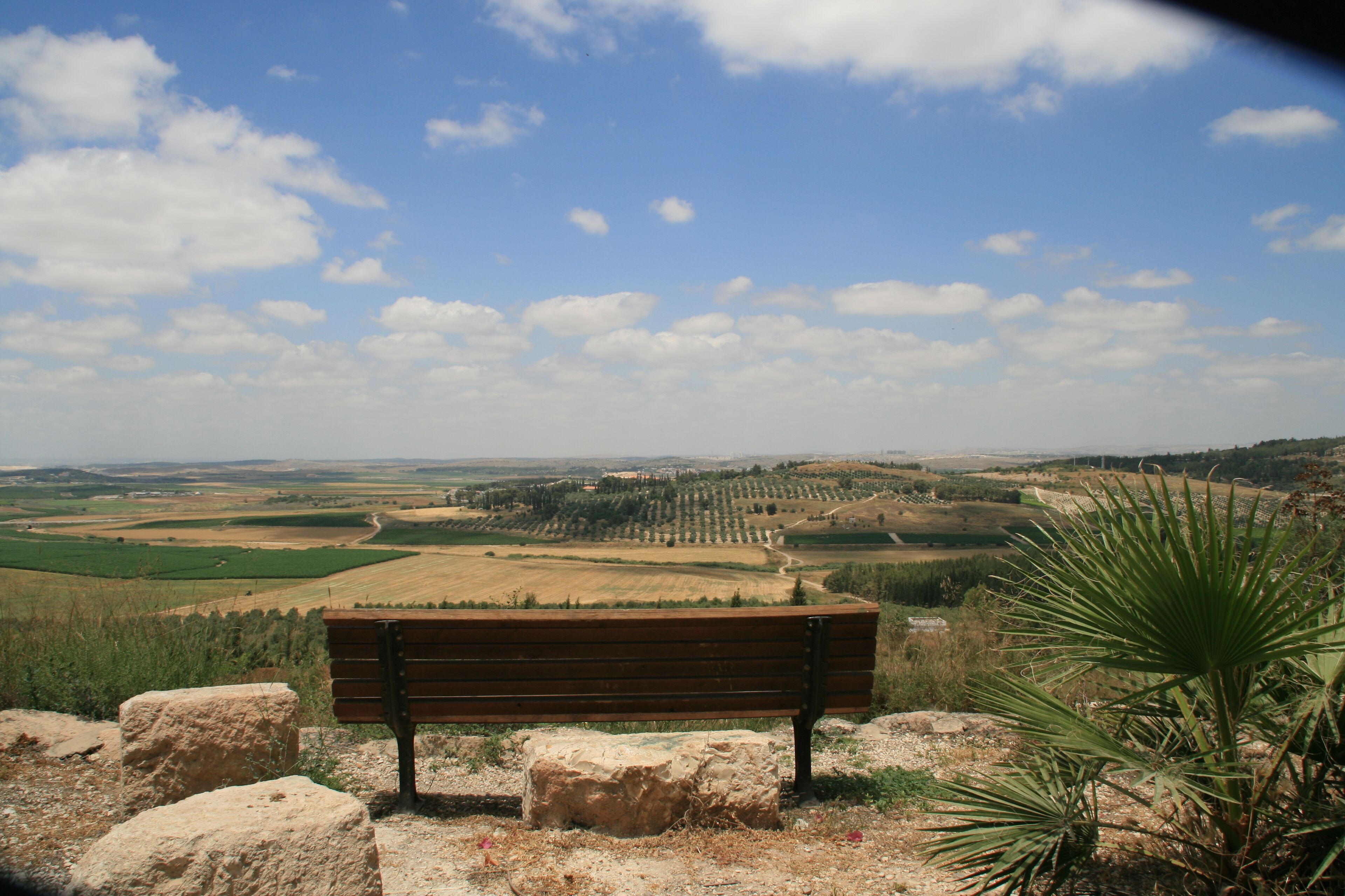 Eine Bank mit Blick auf eine ländliche Landschaft mit Feldern und blauem Himmel.