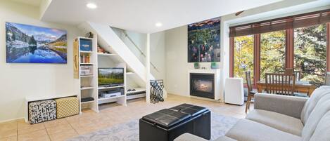 Una televisión, una chimenea, libros