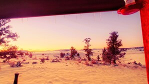 A snowy landscape with trees and a clear sky.