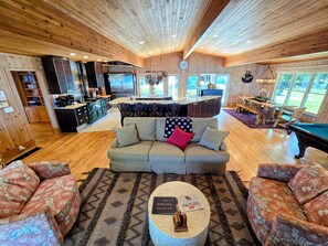 TV, fireplace, books