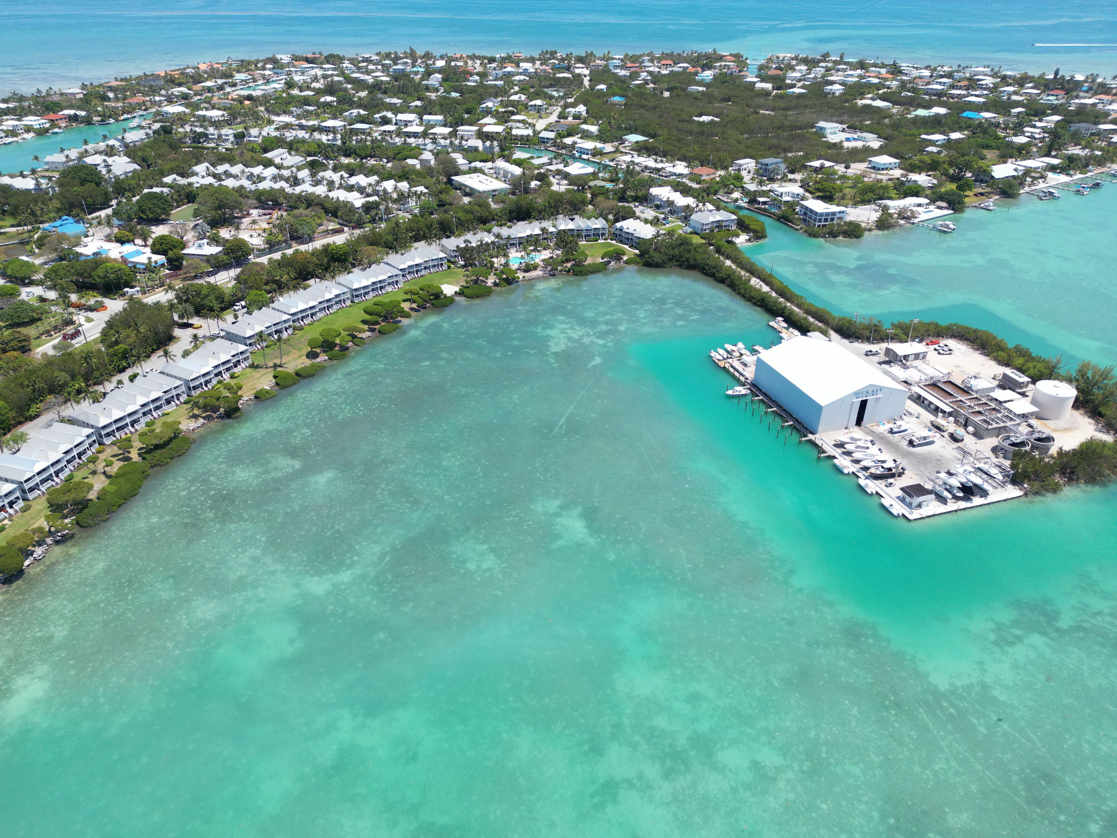 Vue aérienne d’une zone côtière comprenant un port de plaisance, un grand bâtiment blanc avec une enseigne, et une zone résidentielle densément peuplée avec des maisons.