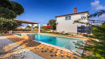 A heated pool, pool loungers