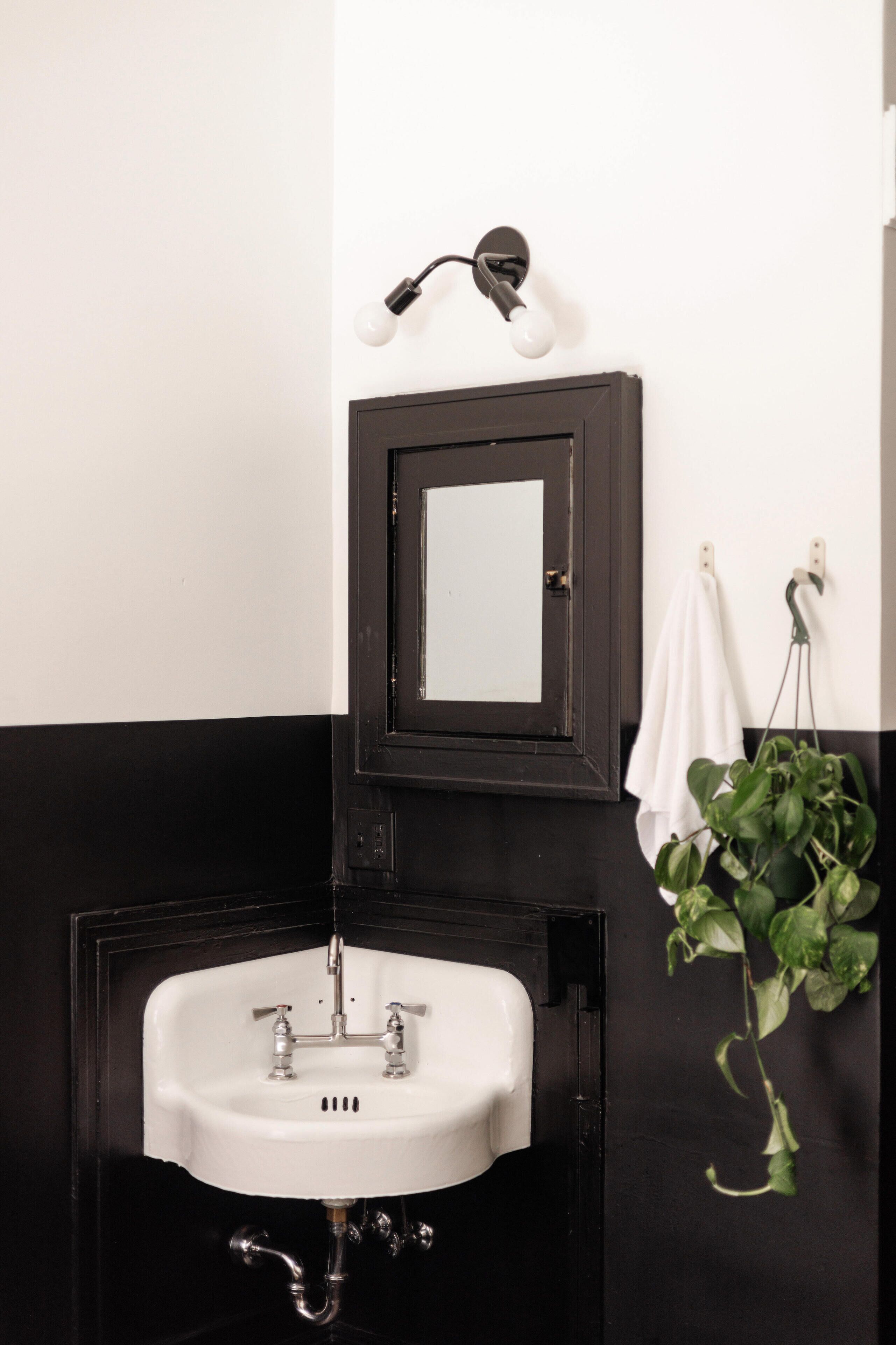 A bathroom with a white sink, a black-framed mirror, a wall-mounted light fixture, and a hanging plant.