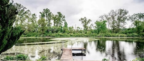 A tranquil pond with a wooden dock, surrounded by lush greenery and trees.