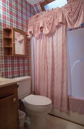 Ducha y bañera combinadas, secador de pelo, toallas y jabón