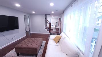 Smart TV, fireplace, DVD player, books