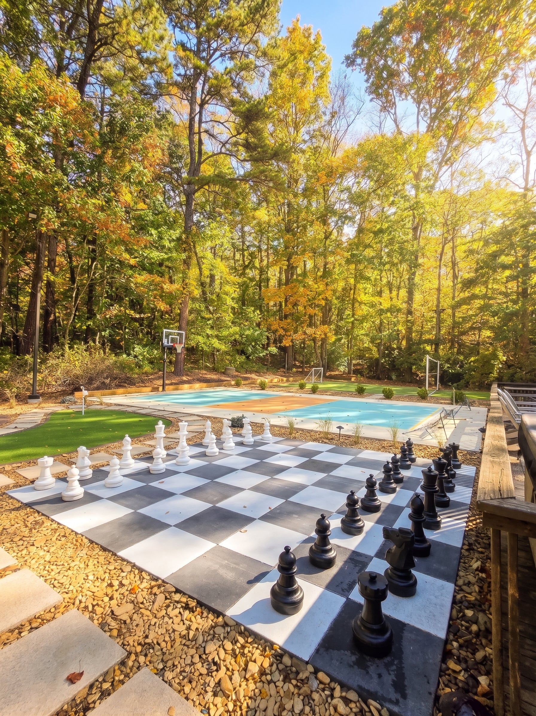 An outdoor chessboard set up on a patio with a pool and trees in the background.