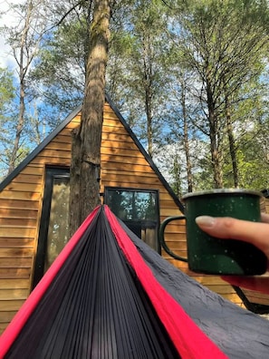 A tent with a view of a wooden cabin and trees in the background.
