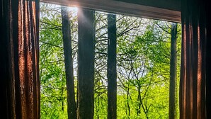 Ikkuna, jossa on verhot, puinen penkki ja näkymä metsään.