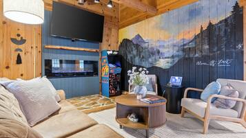 Smart TV, fireplace, books