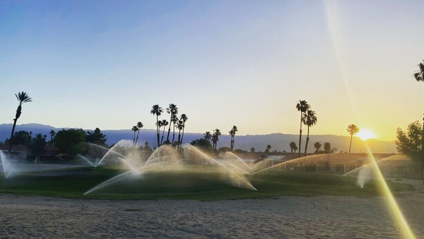 A sandy beach with palm trees and a sunset in the background. - Palm Desert retreat right on the golf course with King en-suite  (Palm Desert)