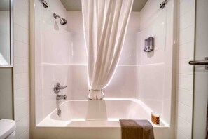 Hair dryer, towels, soap, shampoo