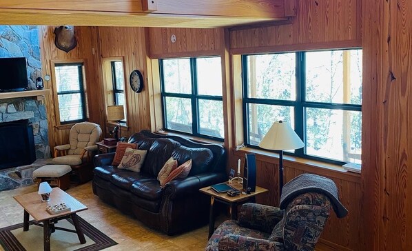 A cozy living room with a fireplace, leather sofa, and large windows.