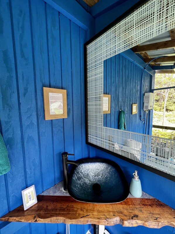 A bathroom with a blue wooden wall, a black sink, a large mirror, and a framed certificate on the wall.