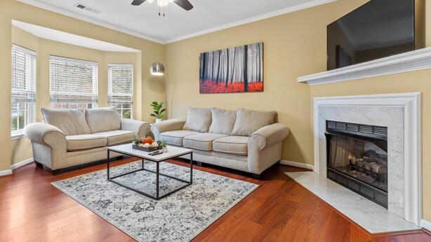 A living room with two sofas, a coffee table, a fireplace, and a painting on the wall.