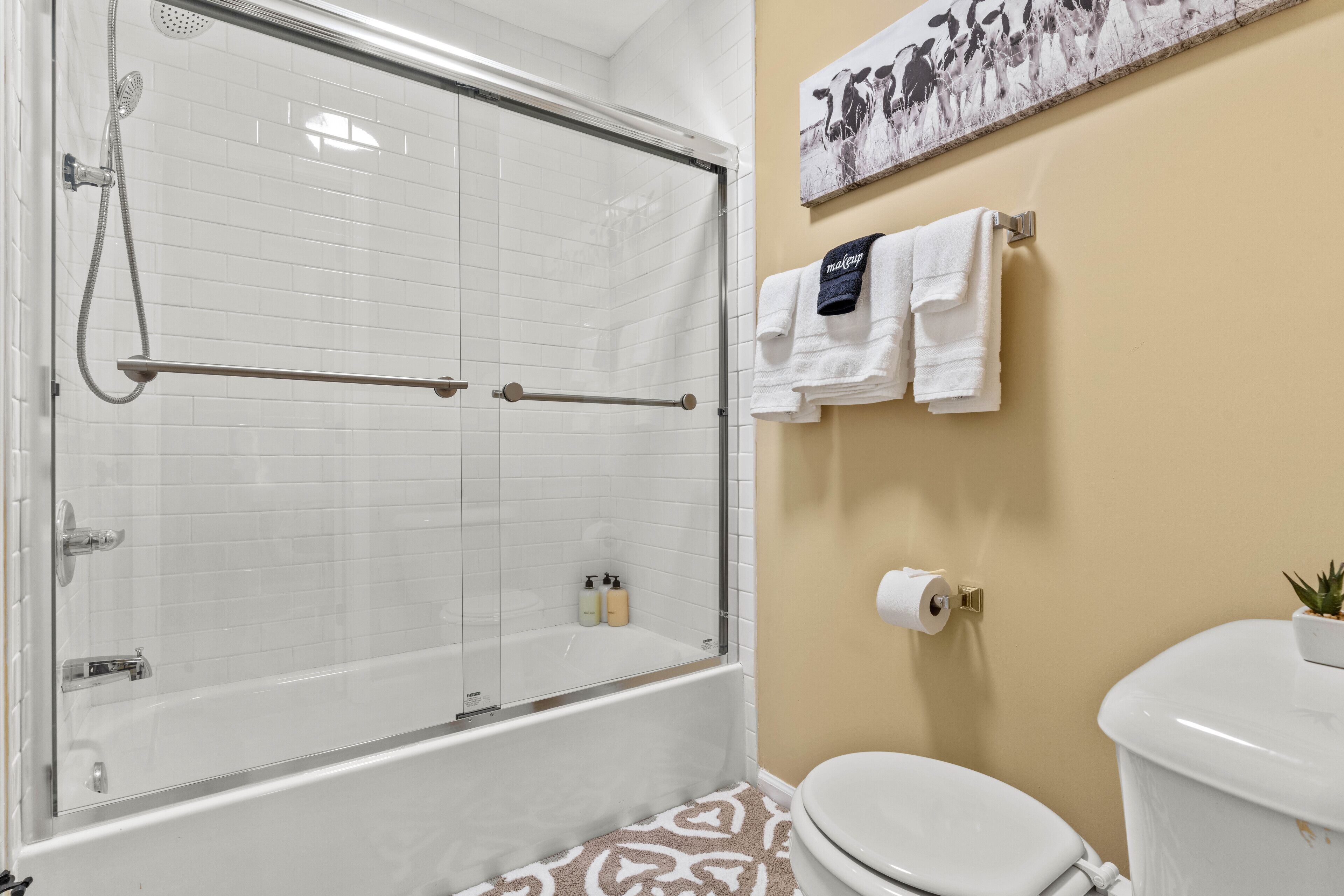 Combined shower/tub, hair dryer, towels, soap