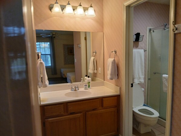 A bathroom with a sink, mirror, and toilet. There is a shower area visible in the background. - Quiet Condo on Prescott Country Club Golf Course! (Dewey-Humboldt)