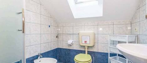 A bathroom with a skylight, a toilet, a bidet, and a sink.