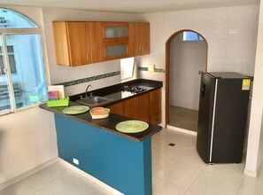 Kühlschrank, Herdplatte, Wasserkocher mit Kaffee-/Teezubehör, Mixer