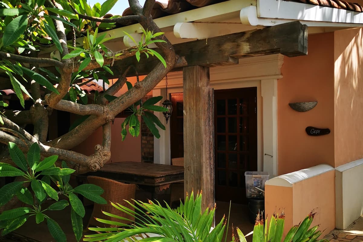 A covered outdoor area with a wooden pergola, potted plants, and a building entrance.