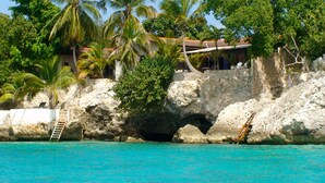 A coastal property with a stone wall, palm trees, and a clear turquoise sea. - Sun Reef Village on Sea (Sint Michiel)