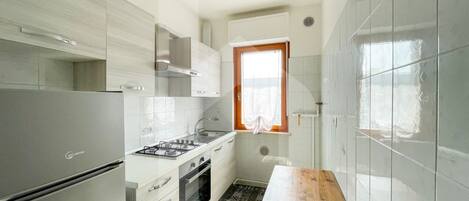 Fridge, oven, stovetop, cookware/dishes/utensils