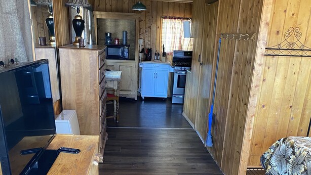 A compact, wood-paneled room with a kitchenette, a wooden dining table, and a television. - THE FRAN - WALK EVERYWHERE IN DOWNTOWN CREEDE! 1 bedroom, 1 bath (SLEEPS 2) (Creede)