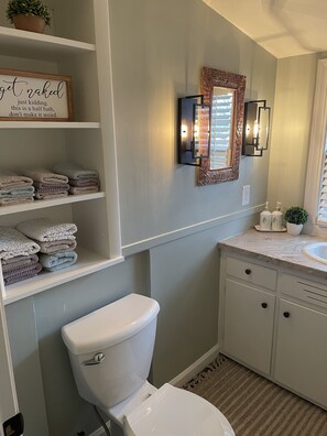 Combined shower/tub, hair dryer, towels, soap