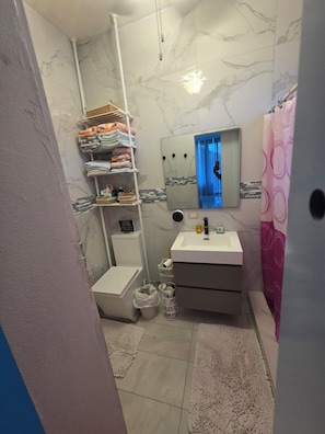 Hair dryer, towels, soap, shampoo