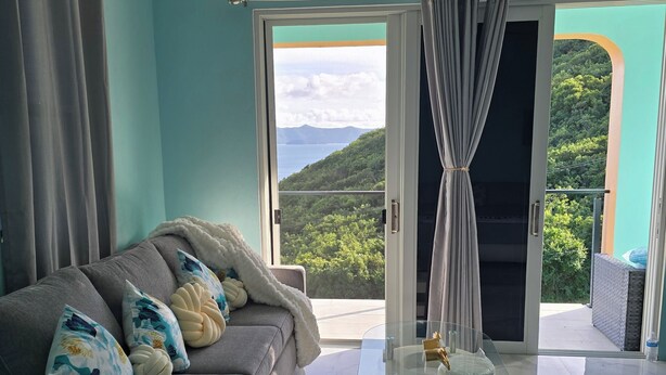A modern living room with a grey sofa, a glass coffee table, and a view of a mountainous landscape through a sliding glass door. - The view!!!  (White bay jost van dyke)