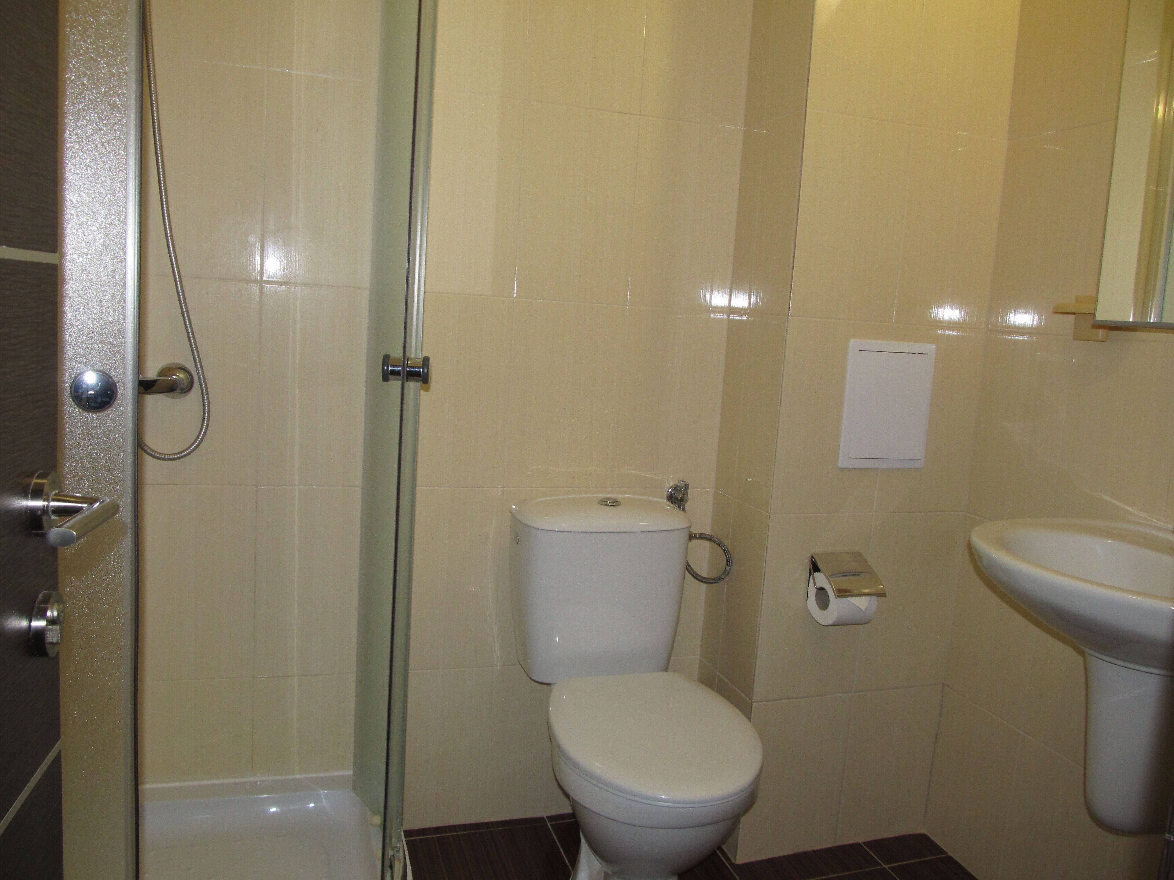 Et badeværelse med bruser, toilet og vask.