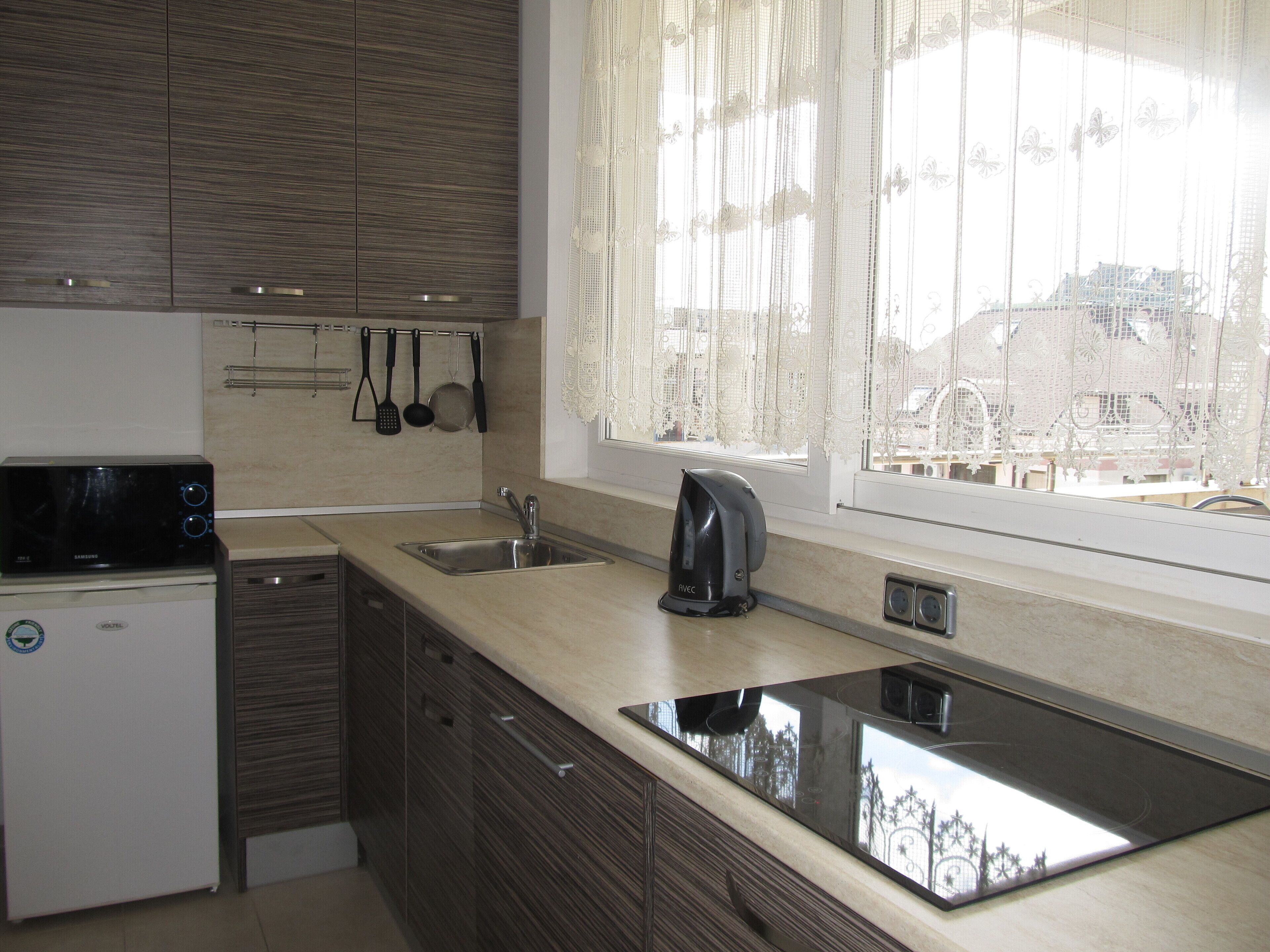 Panoramic Studio | Private kitchen | Fridge, highchair, cookware/dishes/utensils, cleaning supplies